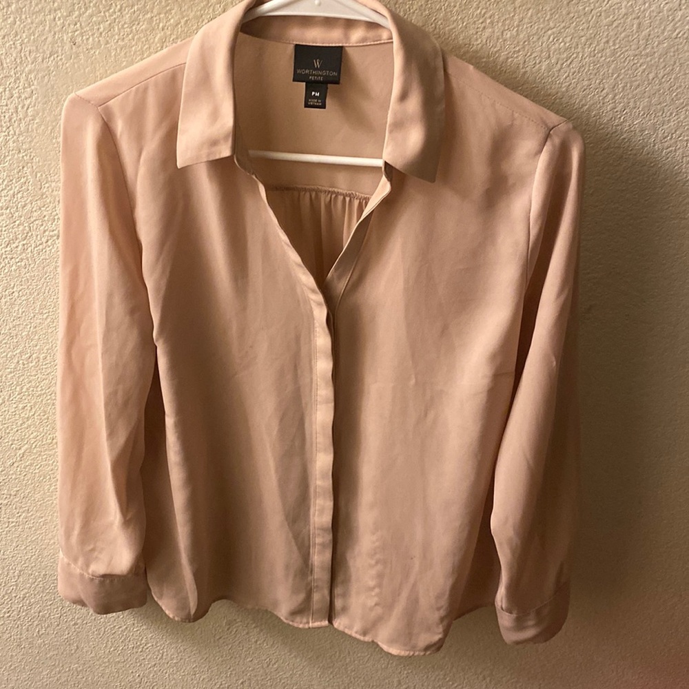WORTHINGTON Womens Shirt Blouse button up Neutral tones  Medium petite Mp